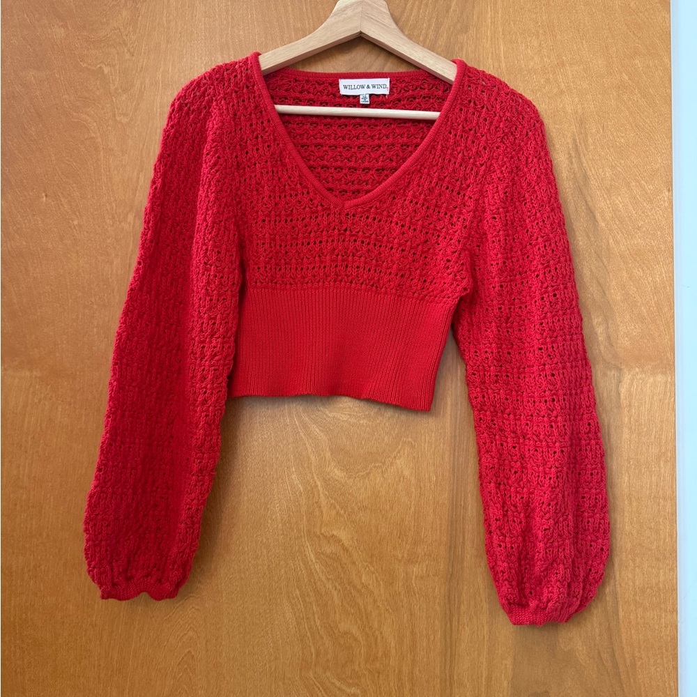 Willow & Wind Red Crochet V-Neck Crop Sweater